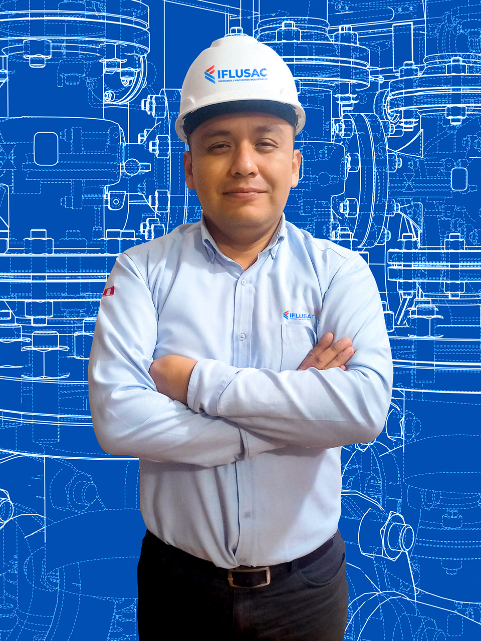 Digital composition of worker standing with arms crossed against construction site in background