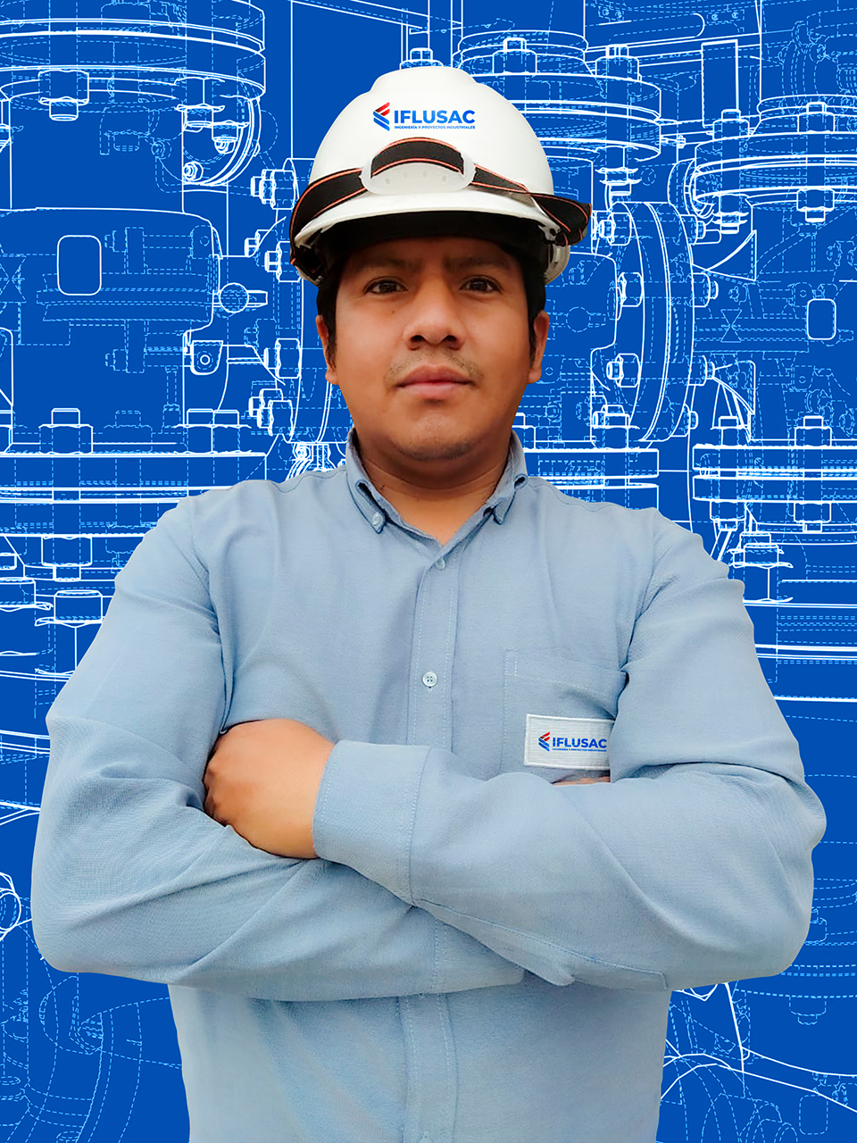 The builder in a construction vest and orange helmet standing against industrial background. Safety specialist, engineer, industry, architecture, manager, occupation, businessman, job concept