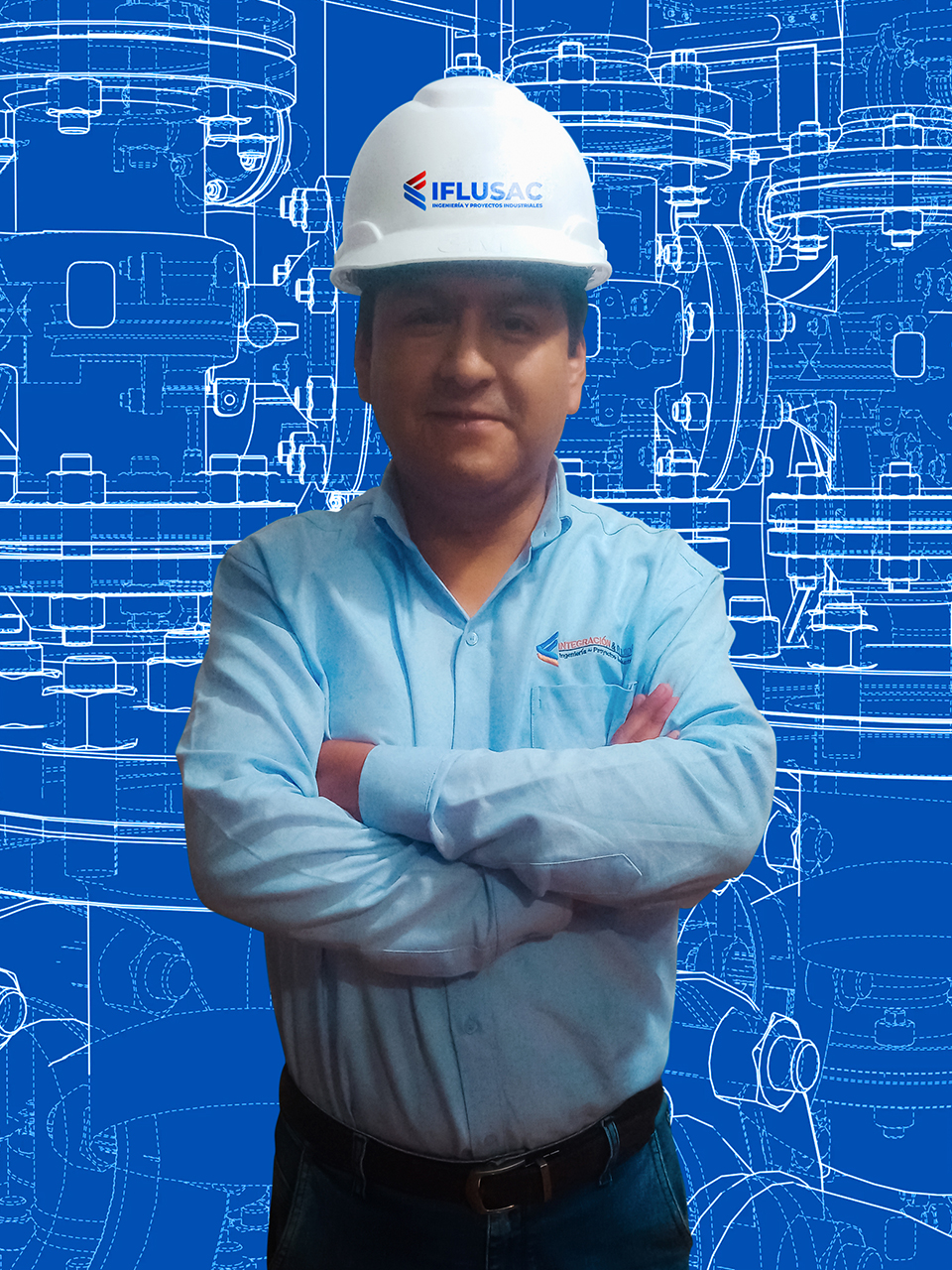 Digital composition of worker standing with arms crossed against construction site in background